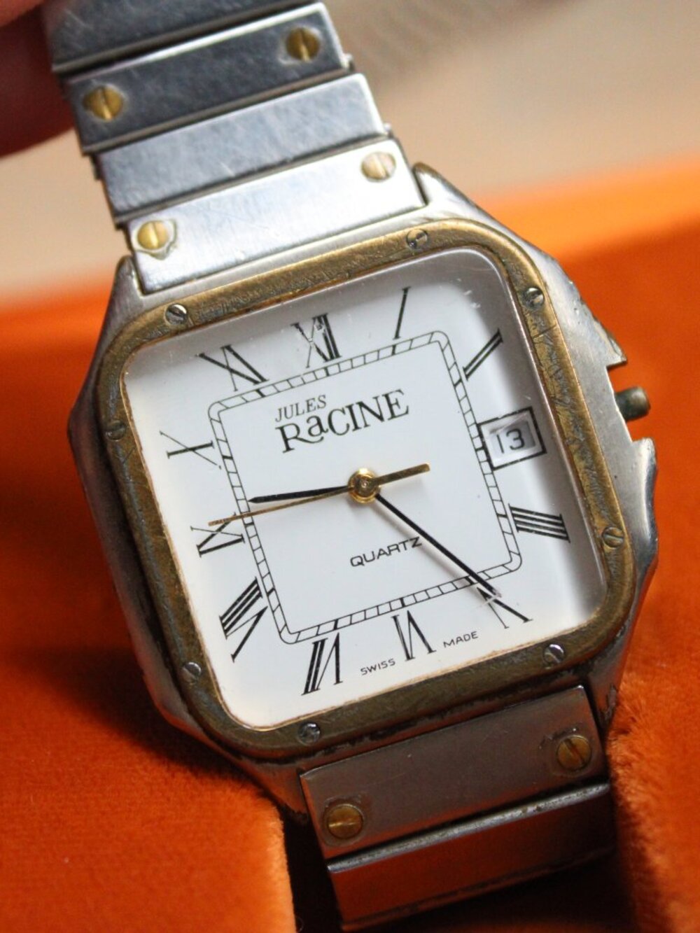 Jules Racine Quartz Watch Swiss Made Two Tone Rectangular Date Original Box - Picture 2 of 7